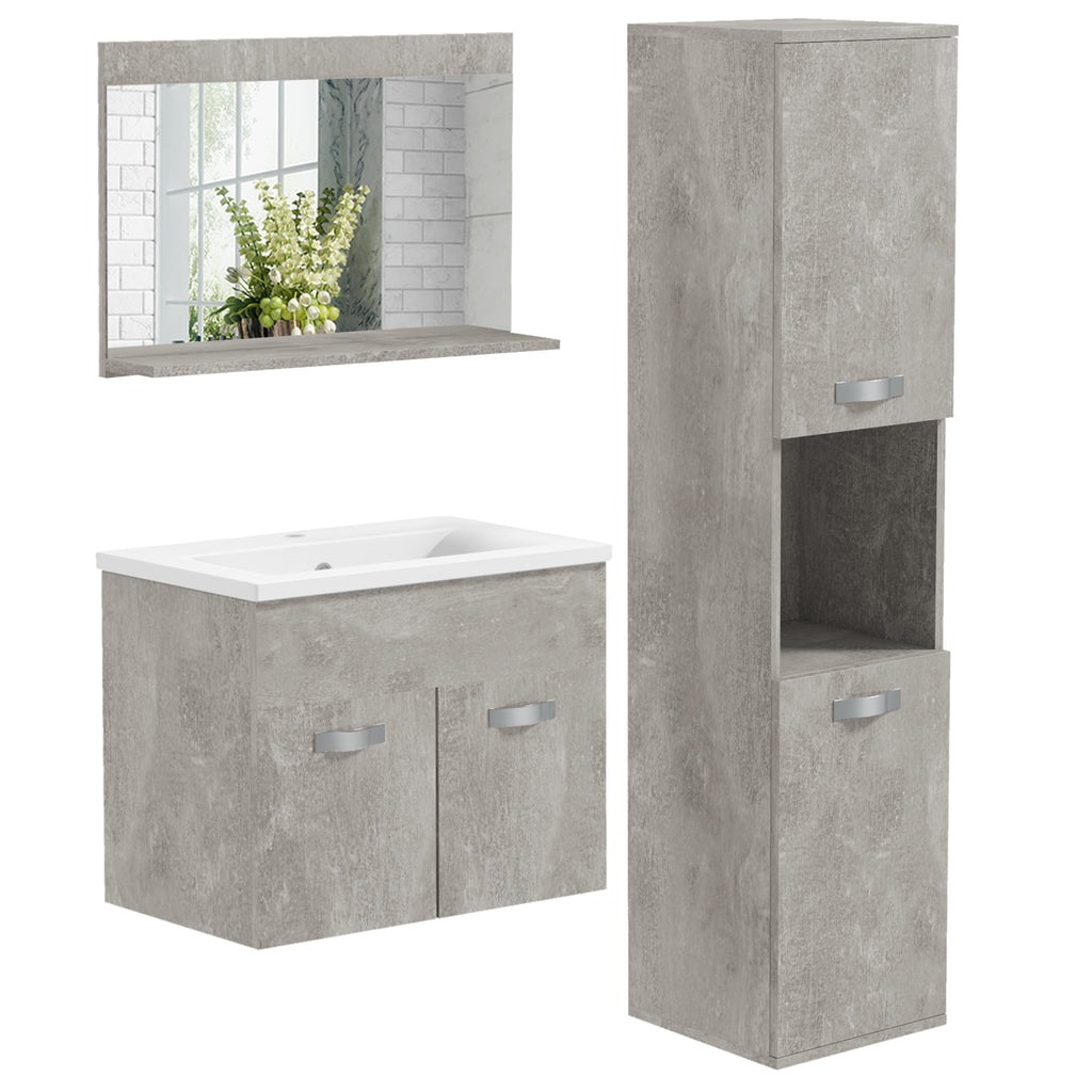 Set Mobile Bagno Grigio con Lavabo e Specchio 60 cm