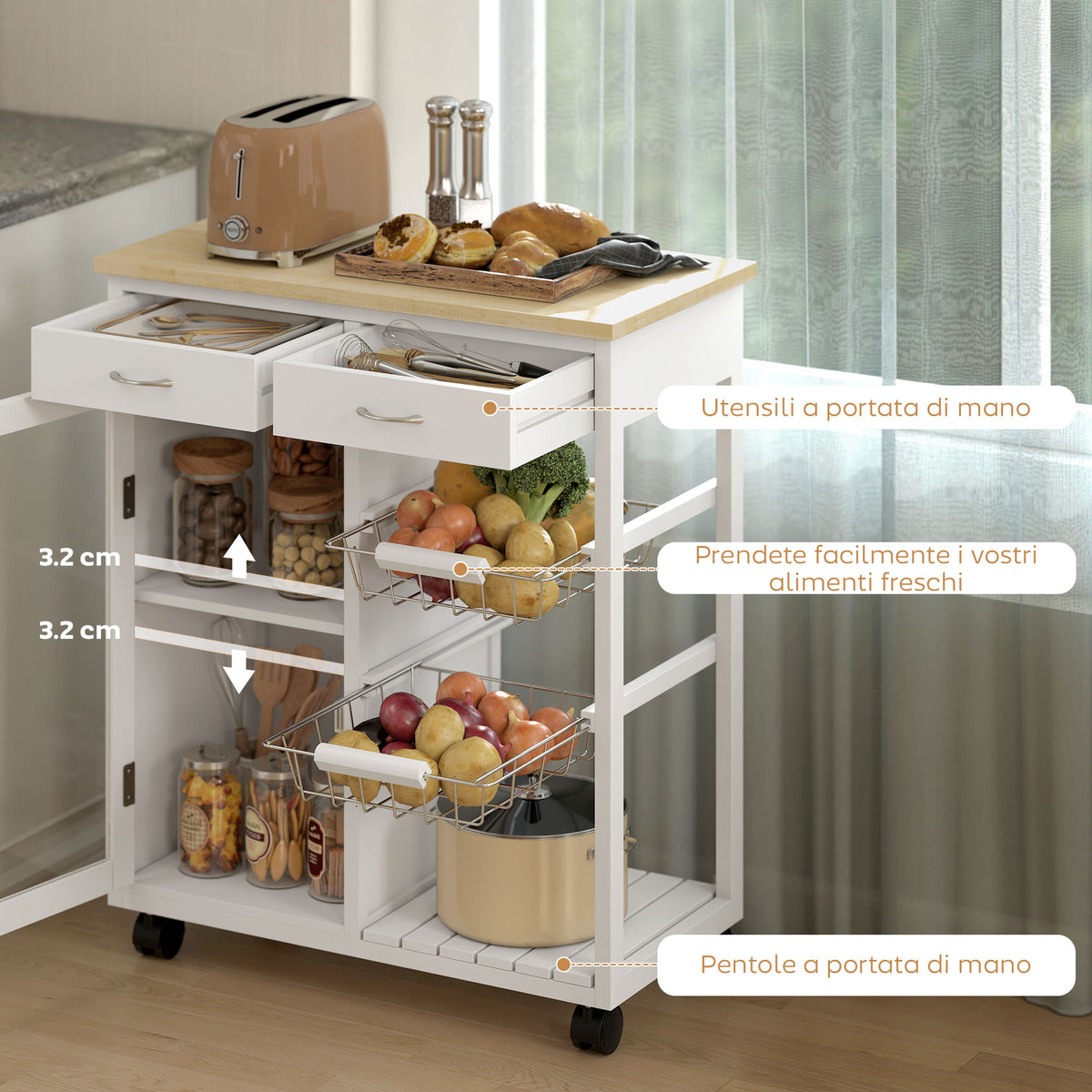 Carrello da Cucina in Bambù Bianco con 2 Cassetti