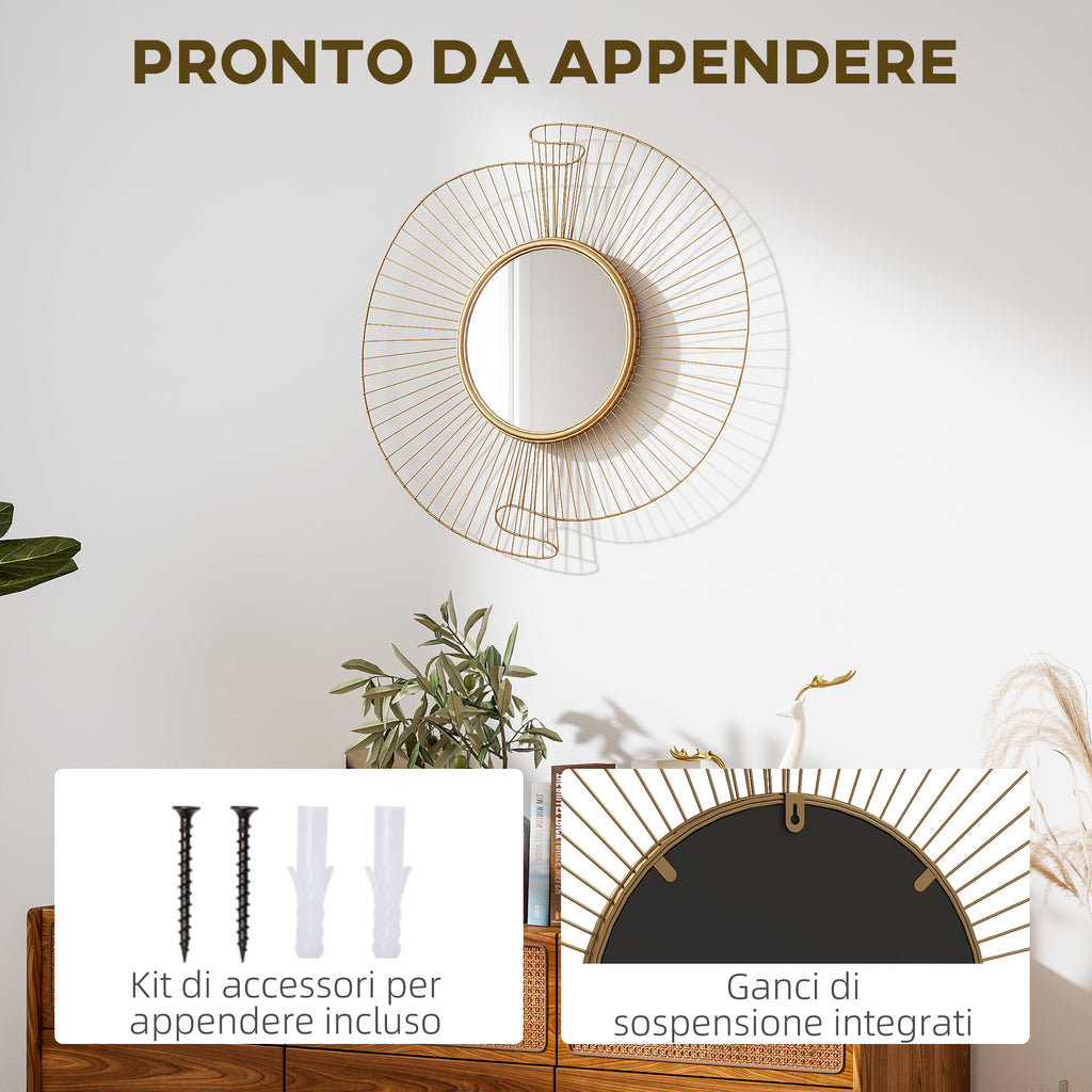 Specchio da Parete Rotondo con Cornice in Metallo Plissettata Oro 60 cm