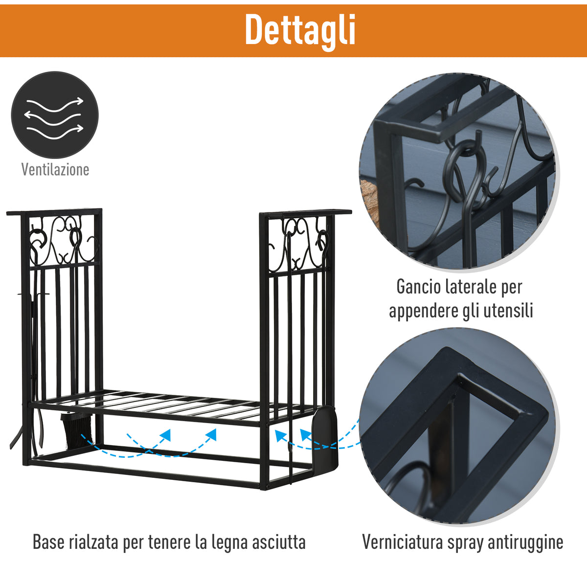 Portalegna con 4 Attrezzi in Acciaio per Camino