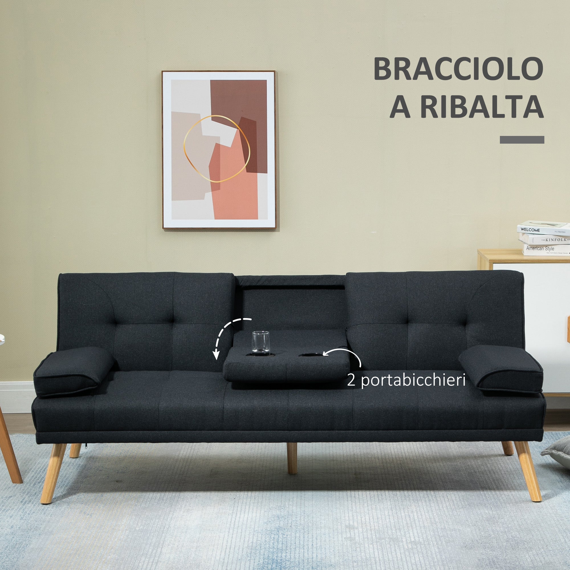 Divano Letto con Tavolino a Ribalta e Piedini in Legno Massello