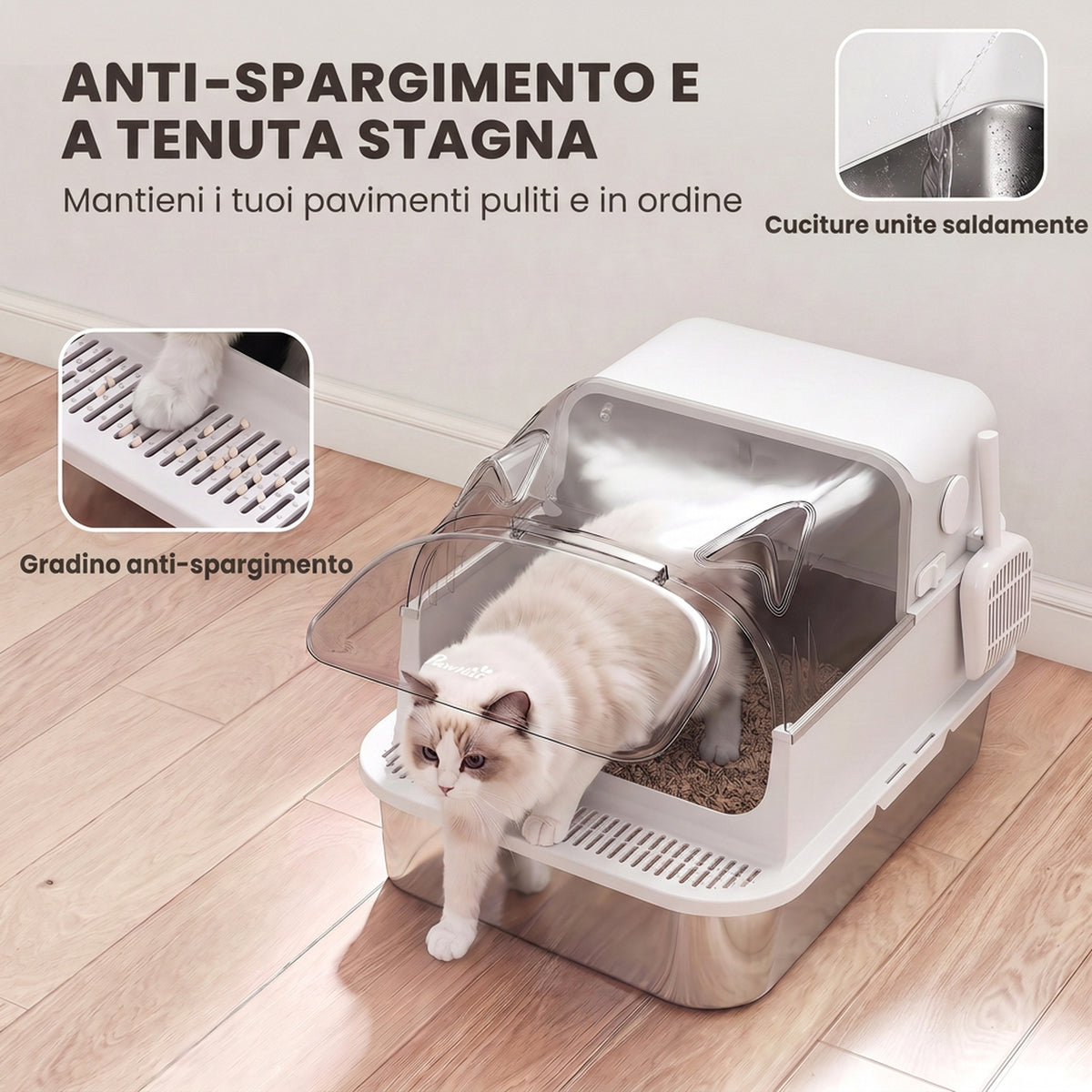 Lettiera Gatto XL 90L in Acciaio Inox con Coperchio