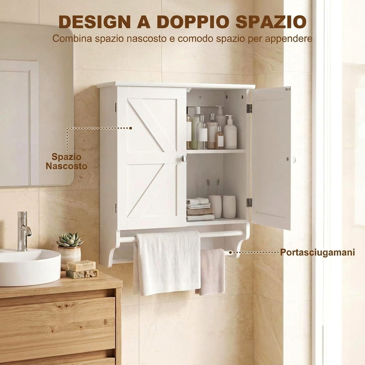 Mobiletto Bagno Pensile con 2 Ante e Portasciugamani