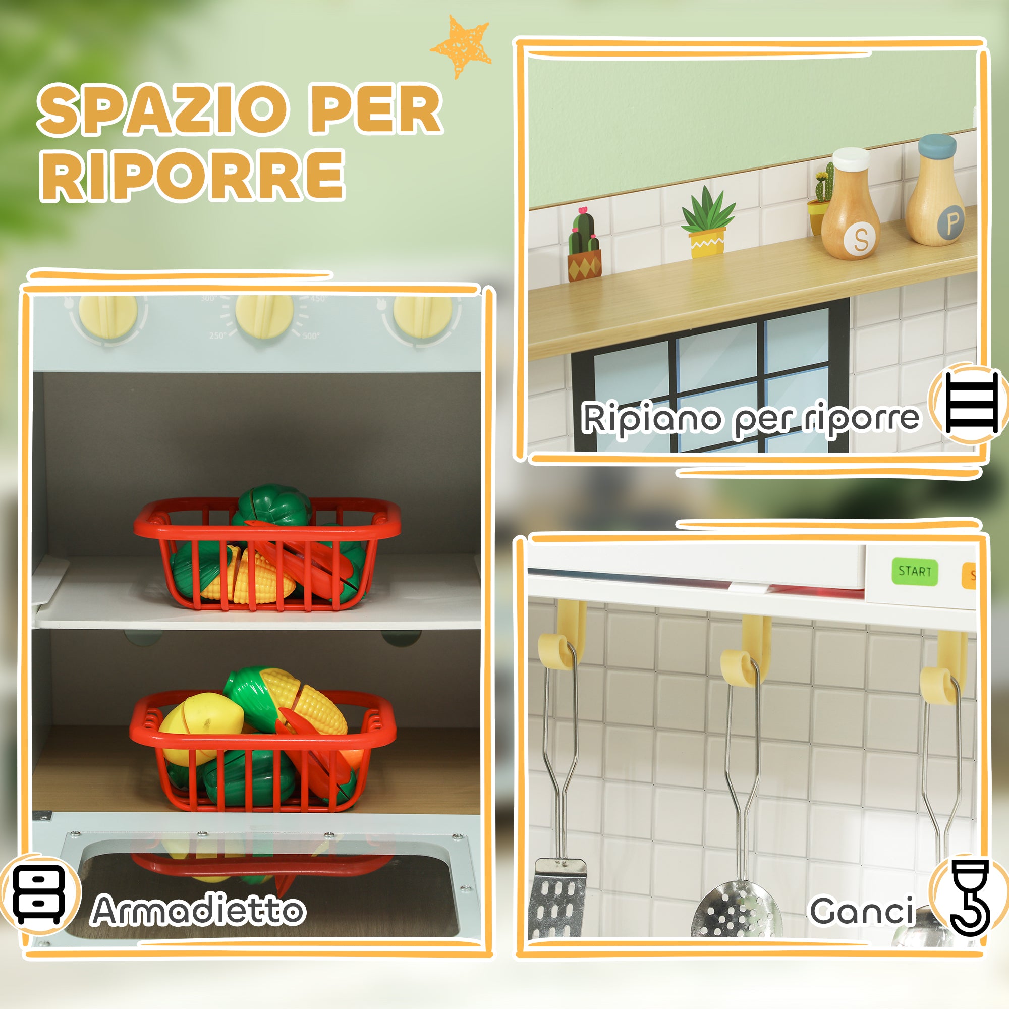 Cucina Giocattolo per Bambini con Fornelli e Armadietti Blu e Bianco