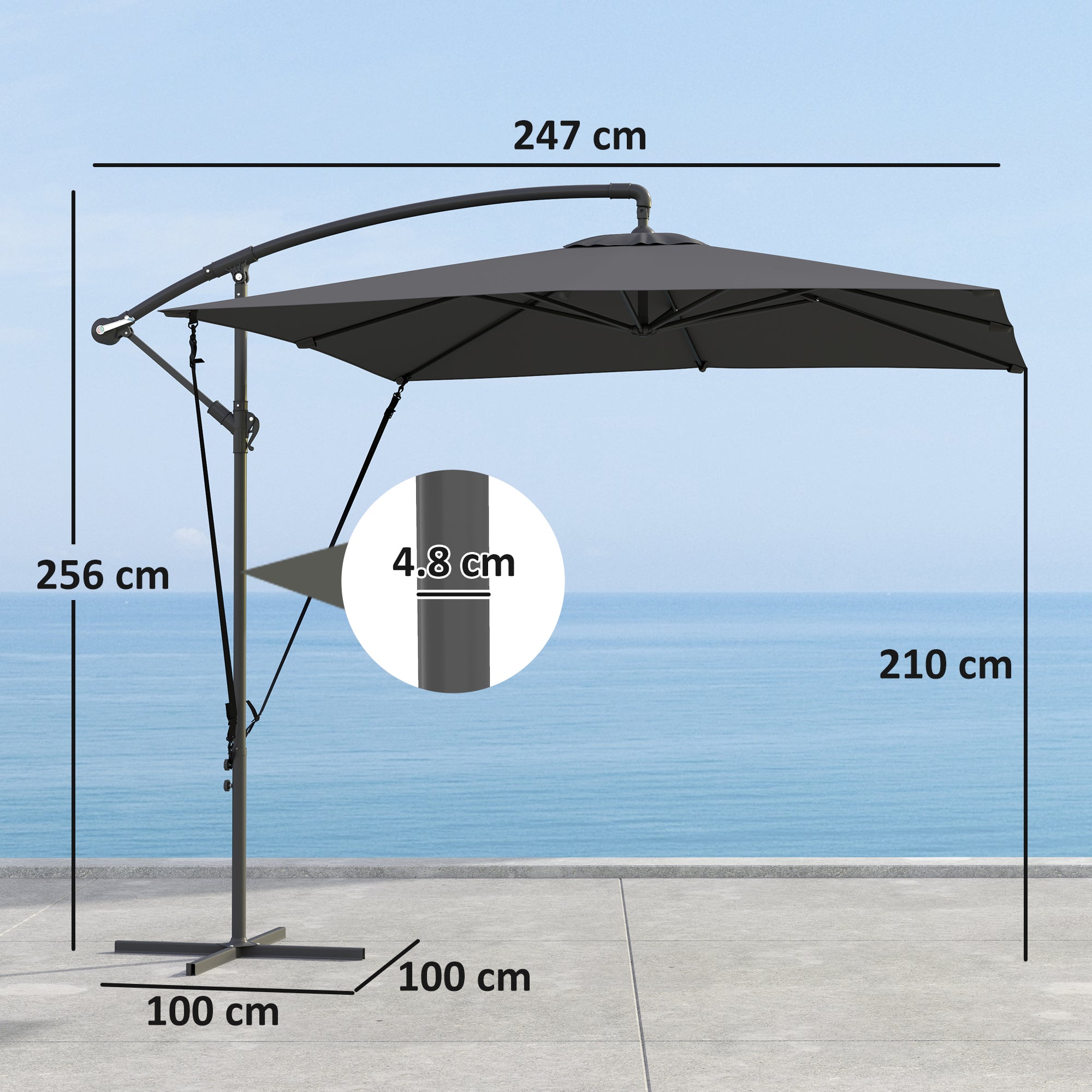 Ombrellone Decentrato da Giardino 2,47 x 2,47 m con Base a Croce e Corde Antivento