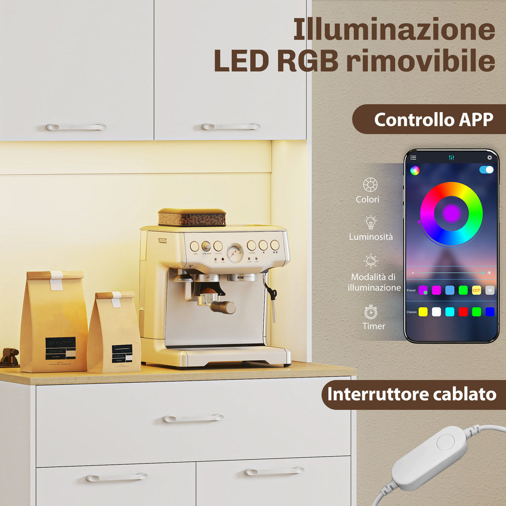 Credenza Moderna con Luci LED, Prese Elettriche e USB, 2 Armadietti e Cassetto