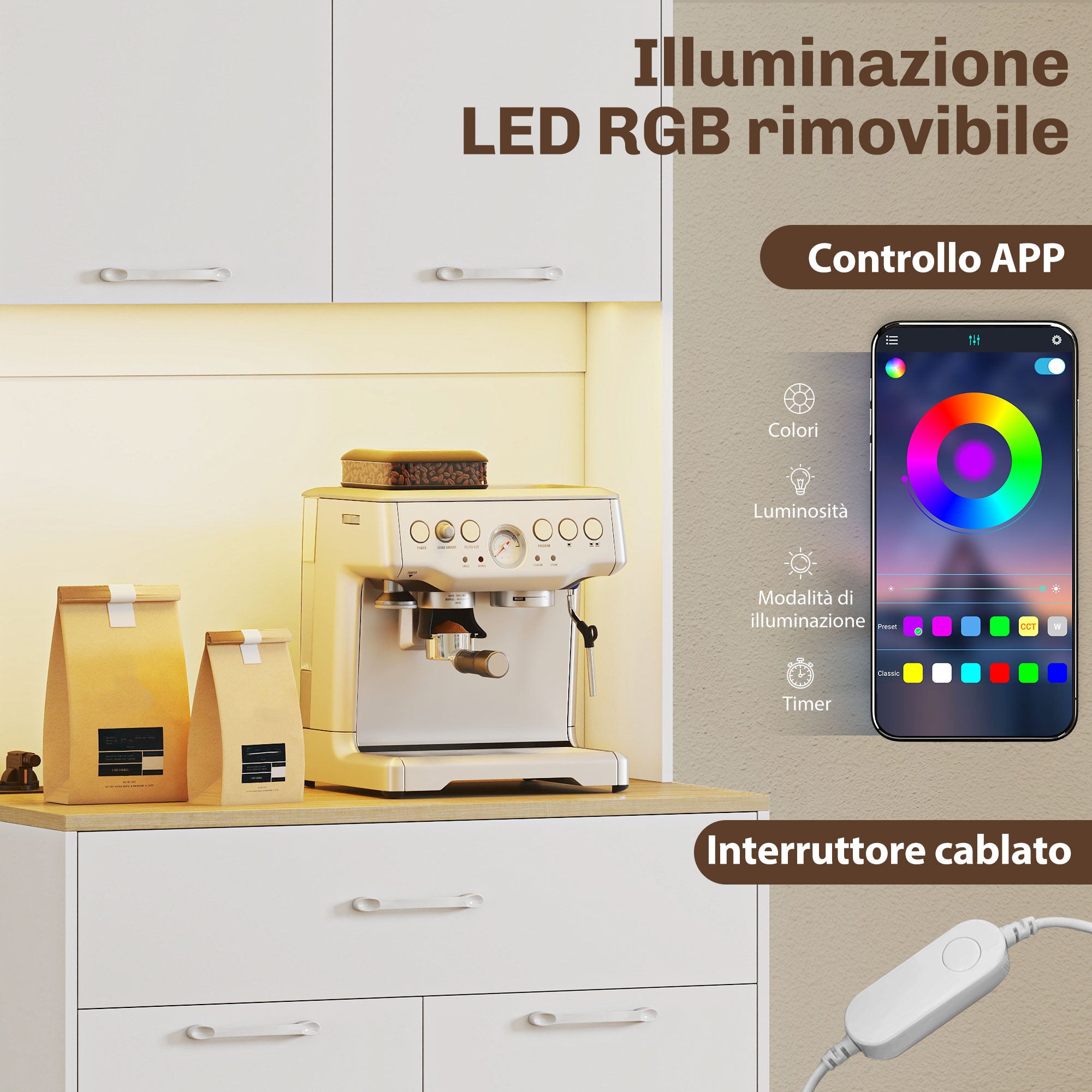 Credenza Moderna con Luci LED, Prese Elettriche e USB, 2 Armadietti e Cassetto