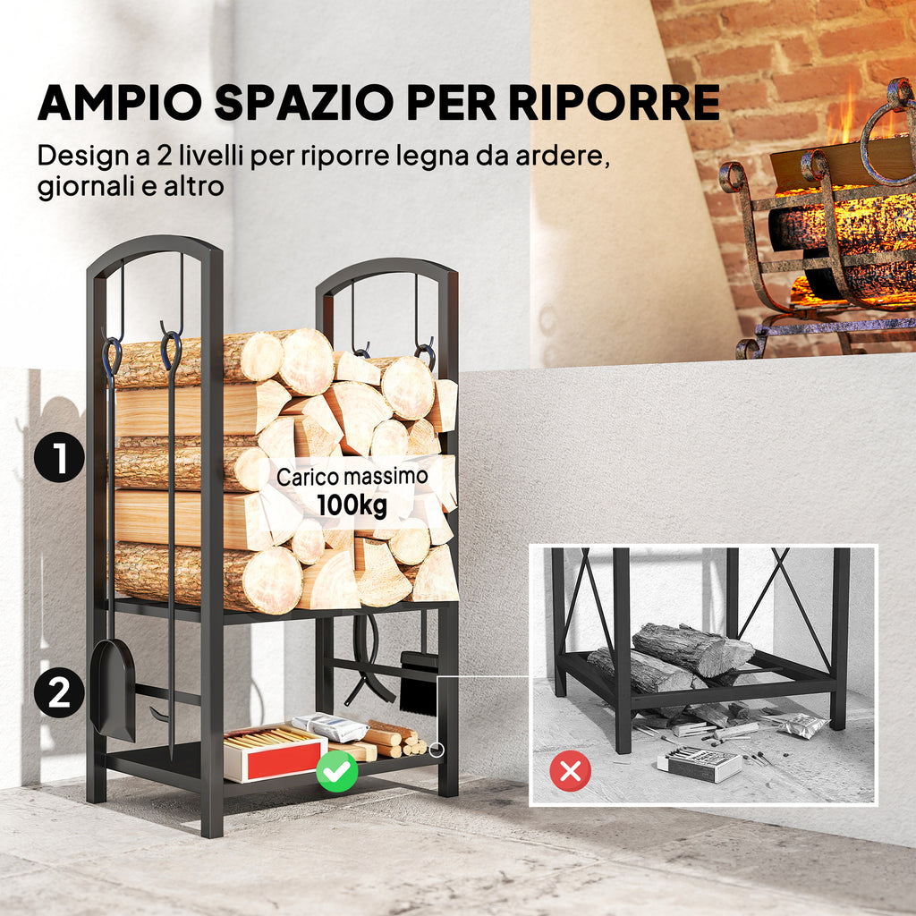 Portalegna con Attrezzi per Camino in Acciaio Nero