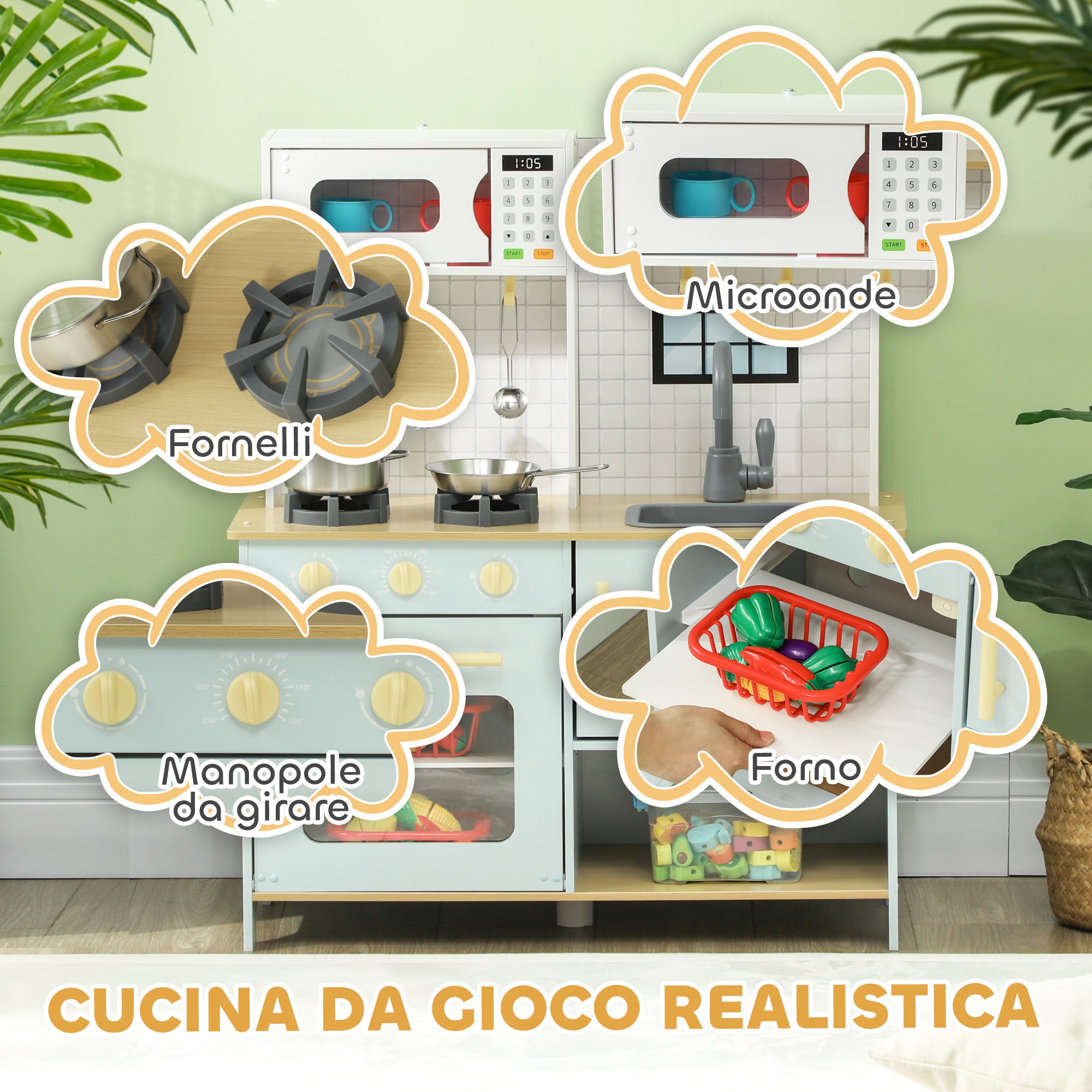 Cucina Giocattolo per Bambini con Fornelli e Armadietti Blu e Bianco