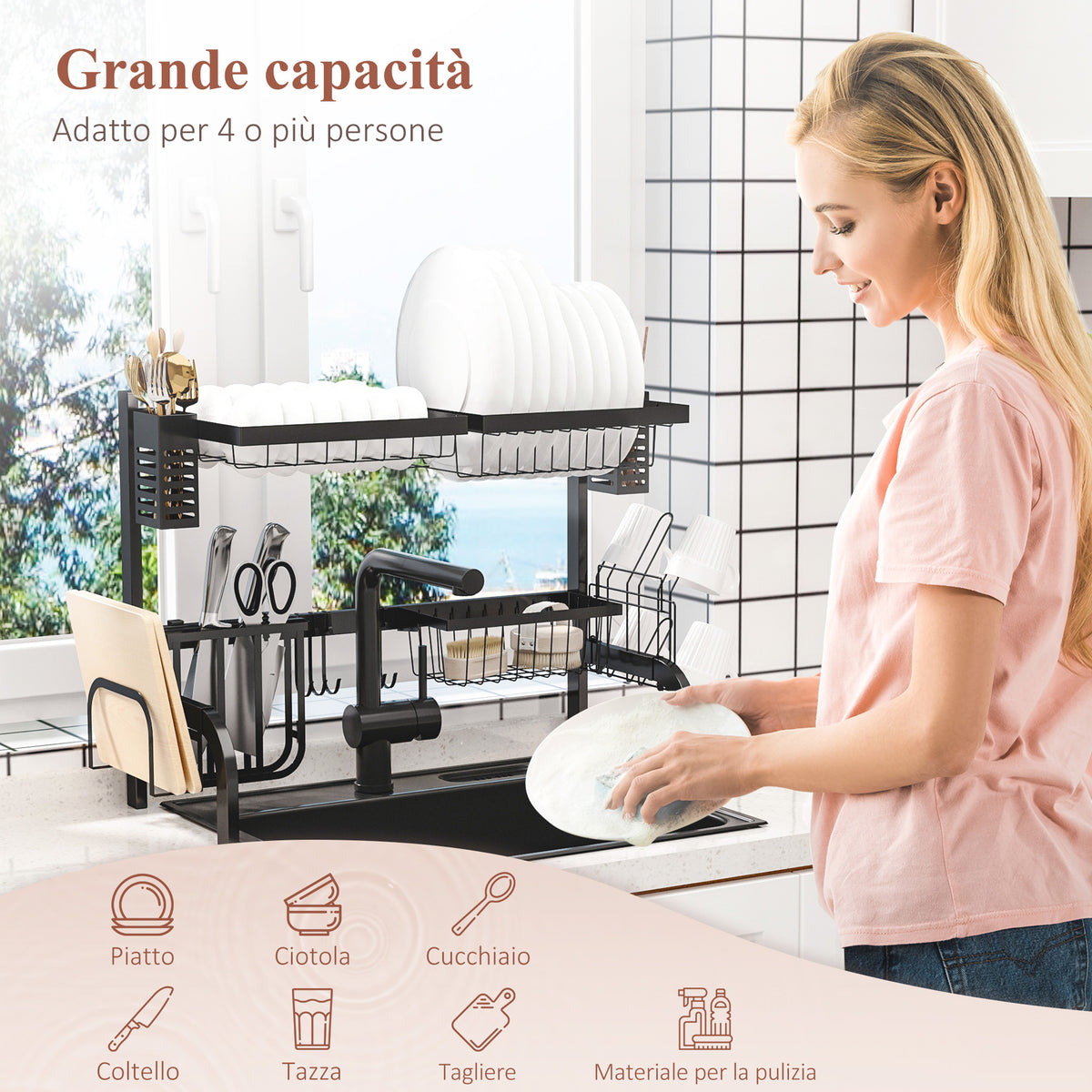 Asciugapiatti Sopra Lavello a 2 Livelli Nero