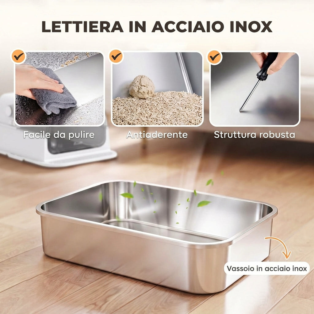 Lettiera Gatto XL 90L in Acciaio Inox con Coperchio