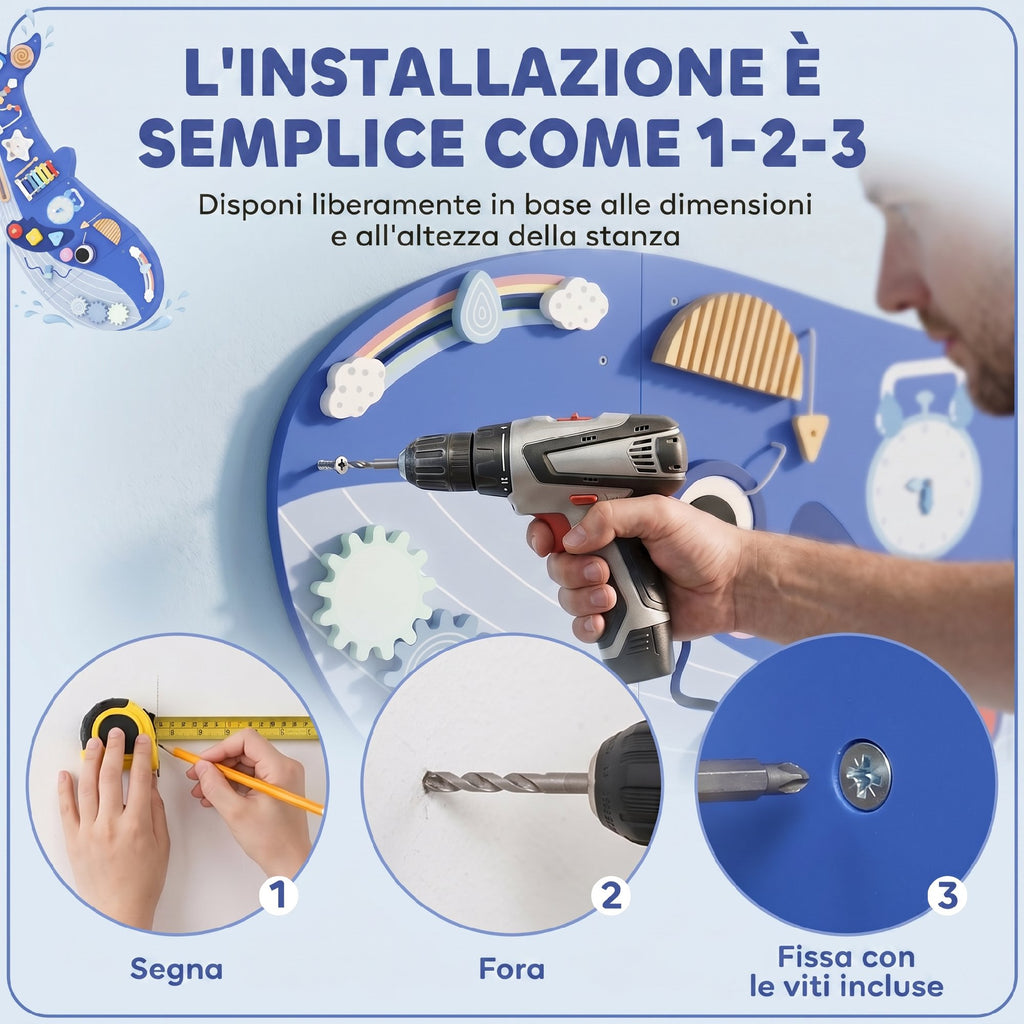 Busy Board Montessori in Legno 13 in 1 – Pannello Sensoriale da Parete per Bambini dai 2 Anni – Balena Blu