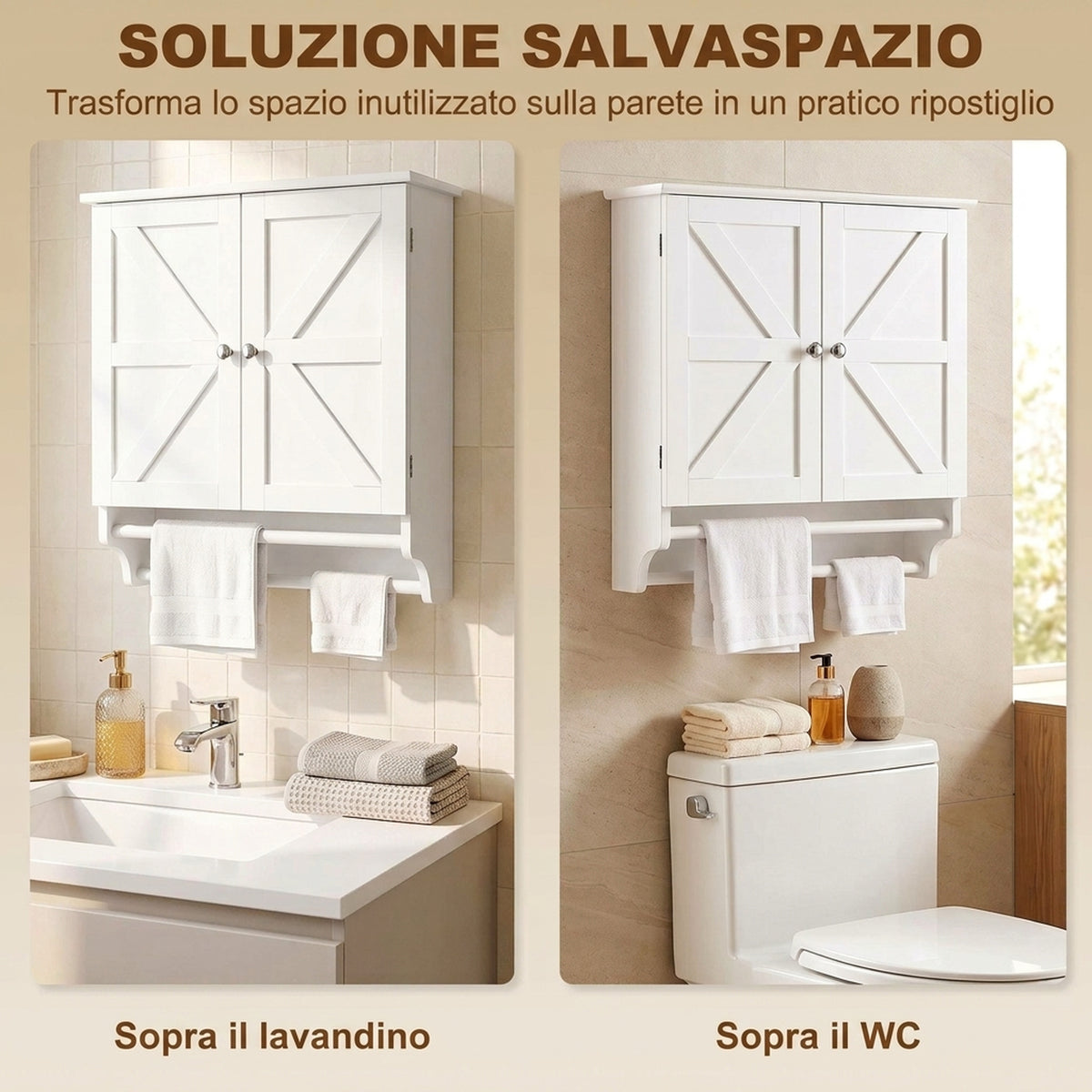 Mobiletto Bagno Pensile con 2 Ante e Portasciugamani